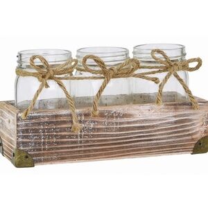 Whitewash Wood Container w/ 3 Glass Vases